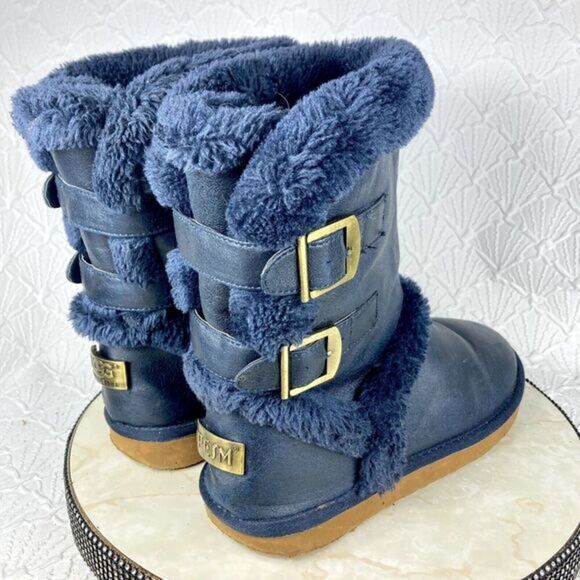 UGG Boots Womens Sz 10 Navy Blue Becket Suede Shearling Sheepskin Buckle Booties - Picture 10 of 13